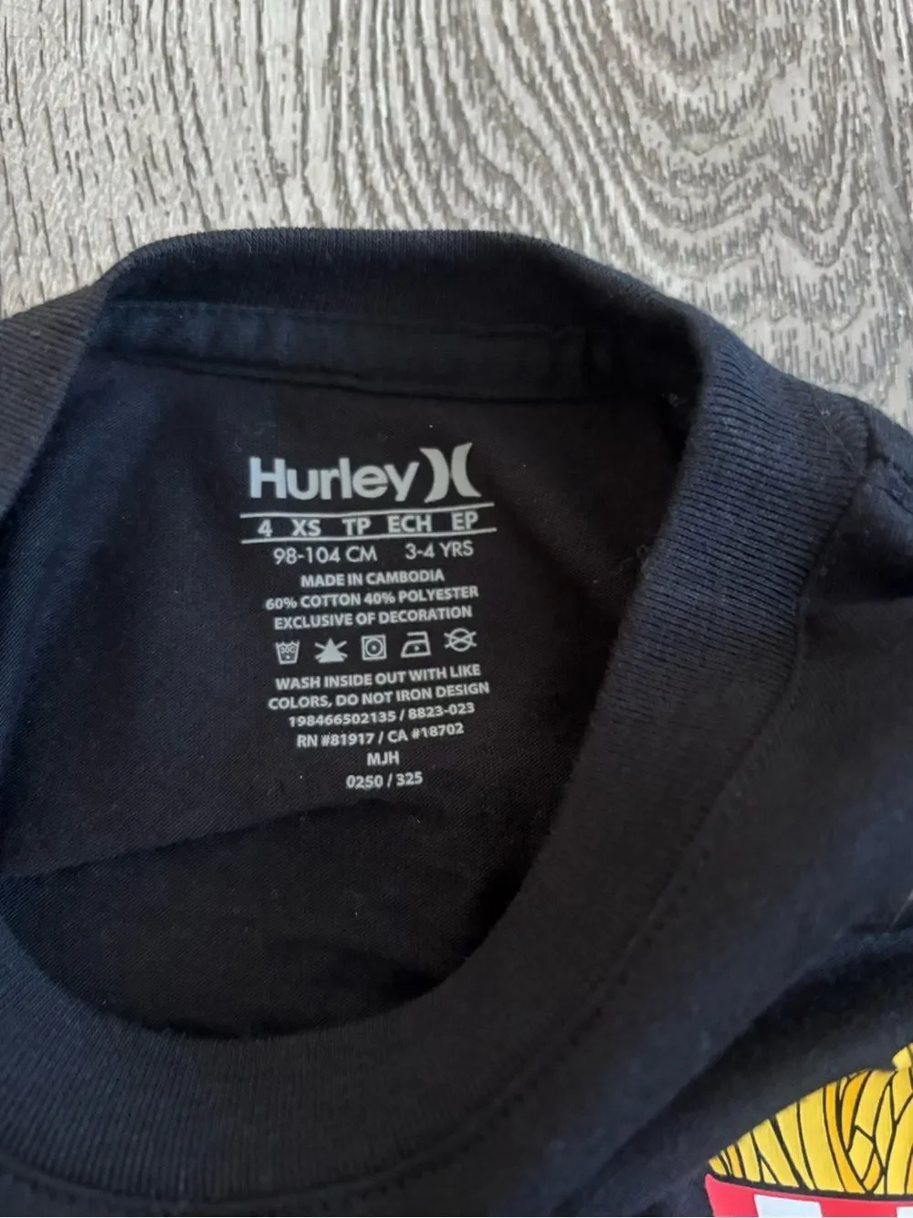 Hurley Kids Black Long-Sleeve Graphic Tee with Yellow Fries Pocket